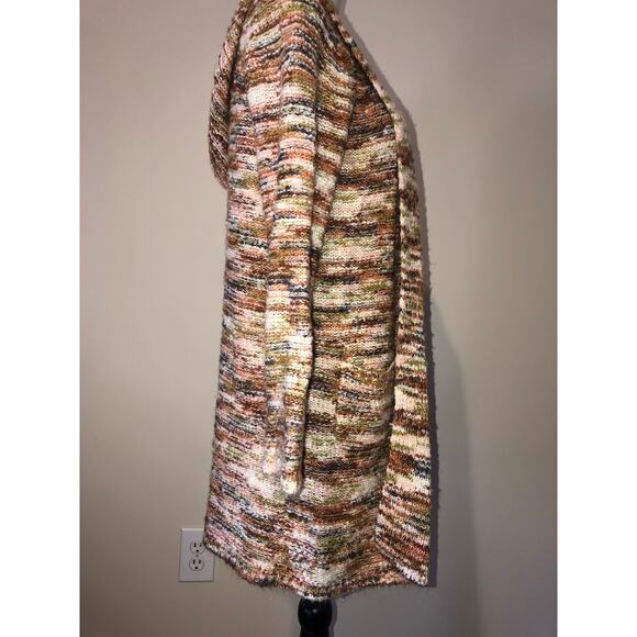 Hooded Sweater Size M Open Cardigan Multi Color Earth Tones Pockets Long Cozy - Picture 7 of 7